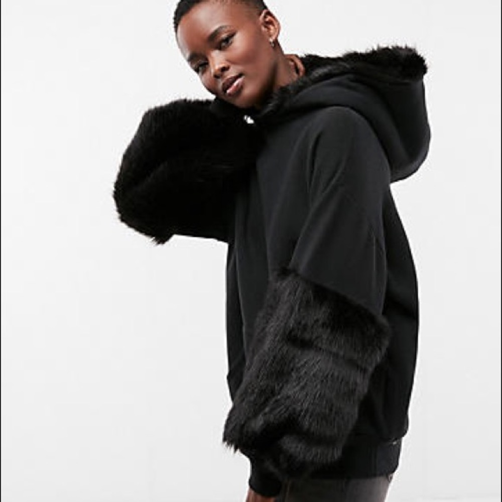 SOLD OUT EXPRESS Faux Black Fur Hood Sweatshirt XS